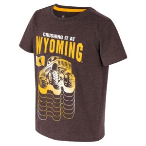 brown short sleeve toddler tee with design on front. at top, white crushing it at, and gold wyoming under. Large monster truck center tee in gold