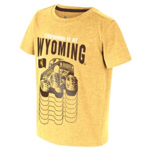 gold short sleeve toddler tee with design on front. at top, white crushing it at, and brown wyoming under. Large monster truck center tee in gold