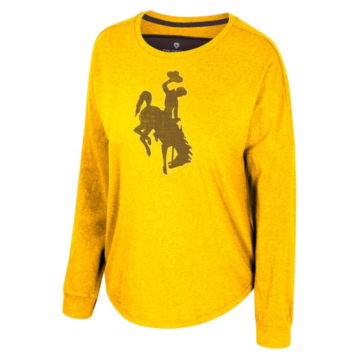 gold long sleeve tee with large brown bucking horse center chest with white outline with design on back