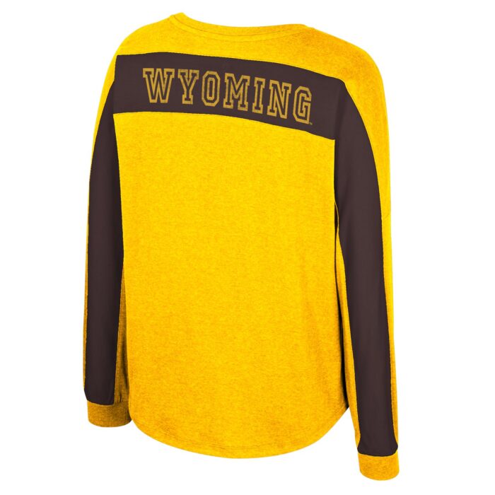 back side of gold long sleeve tee with brown block along back shoulders and down back arms. Wyoming in metalic gold on back