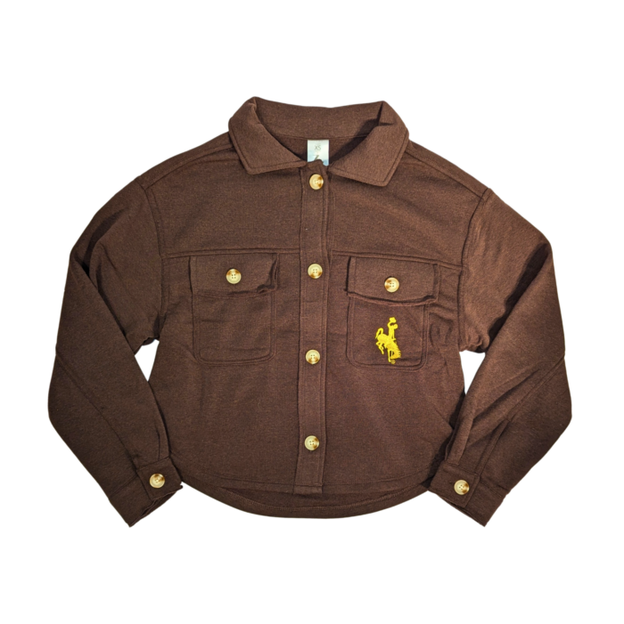 brown womens button up fleece jacket. pockets on either side with gold bucking horse on left chest pocket