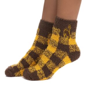 Brown and gold checker print socks with embroidered brown bucking horse on ankle