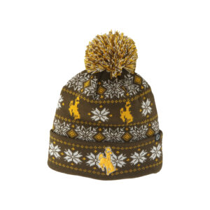 brown knit cuffed beanie with brown white and gold pom on top with gold bucking horses and snowflakes all around. Gold bucking horse on cuff