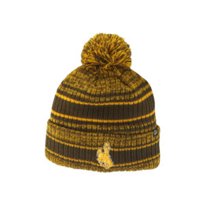 brown and gold marled/stripe beanie with pom-pom on top. Cuff on bottom with gold buking horse patch on front