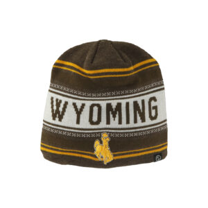 brown, gold and white beanie with white stripe in middle, with wyoming in brown and gold embroidered bucking horse under