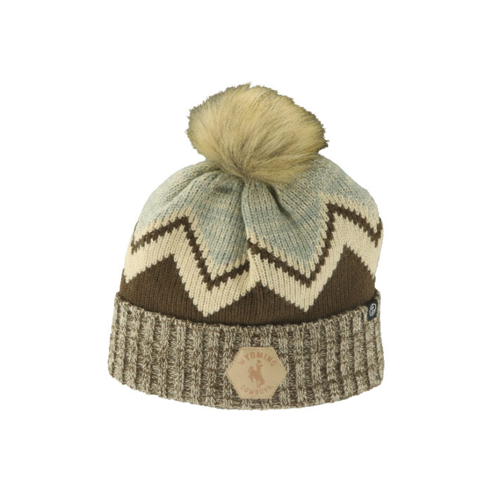 brown, tan, and grey beanie with faux fur pom and marled cuff. on cuff is hexagon patch with Wyoming cowboys and bucking horse