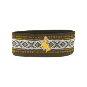 brown gold and white knit headband. white stripe in center with brown snowflake type designs. gold embroidered bucking horse on one side