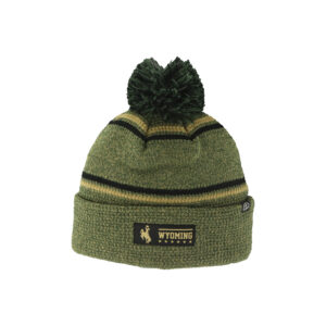 green knit cuffed beanie with green pom on top. patch on cuff with wyoming and bucking horse. OTH theme hat