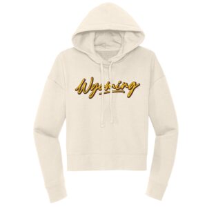 white hooded sweatshirt with script wyoming center chest in gold with brown outline.
