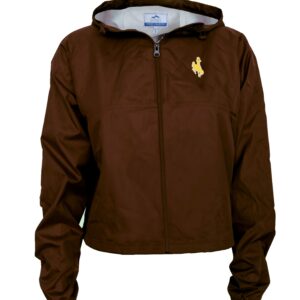 Brown full zip hooded jacket. with small gold bucking horse on left chest