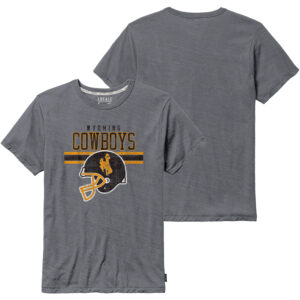 grey short sleeve tee with design center chest, wyoming cowboys in brown at top with medium football helmet under in brown with gold bucking horse