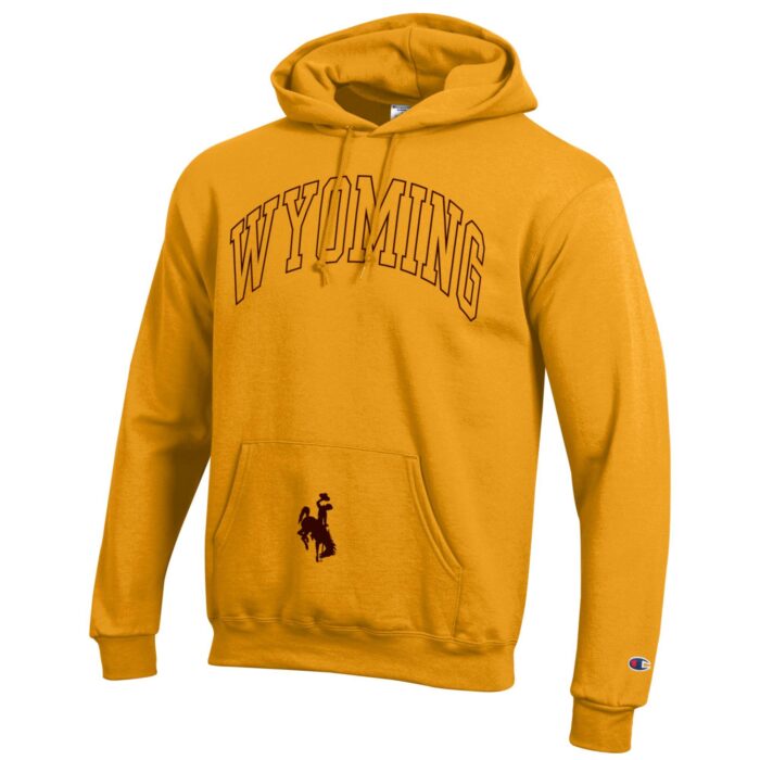 Gold hooded sweatshirt with design center chest. Brown outline wyoming arced. solid bucking horse on pocket