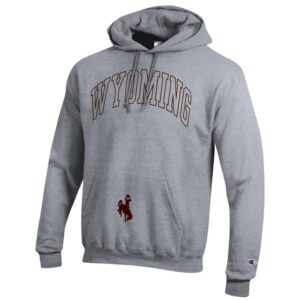 grey hooded sweatshirt with design center chest. Brown outline wyoming arced. solid bucking horse on pocket