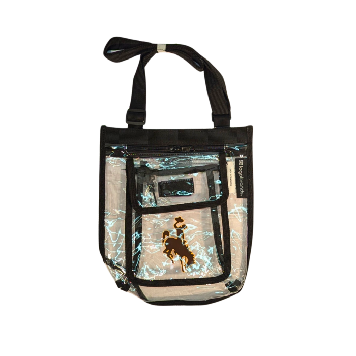 medium, clear, crossbody bag with brown bucking horse center