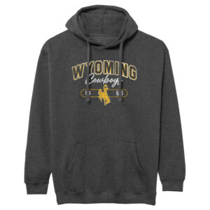 grey hooded sweatshirt with design center chest. Arced wyoming, outline in white and gold, with cowboys under in script white. 1886 and gold bucking horse at bottom