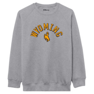 grey crewneck sweatshirt with design center chest. Design is arced gold wyoming with brown outline and bucking horse in gold with brown outline under