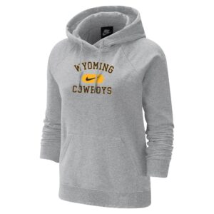 light grey hooded sweatshirt with design center chest. at top, arced wyoming with boxed swoosh and cowboys under. text is in brown and swoosh is boxed in gold