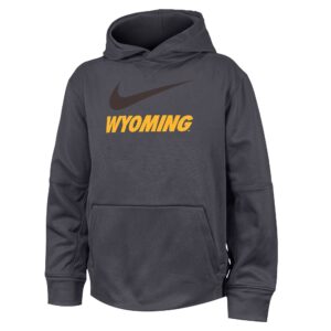 Grey youth hooded sweatshirt with large black Nike swoosh top chest with gold block Wyoming under