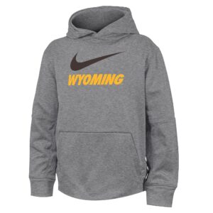 Grey youth hooded sweatshirt with large black Nike swoosh top chest with gold block Wyoming under