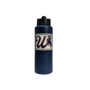 34 ounce quencher bottle with one wyoming design. On one side, large W, boxed in white with bucking horse to the left overlapping. bottle is navy