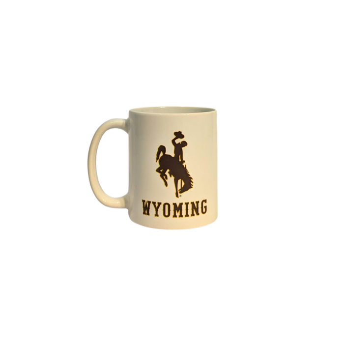 white cafe mug with brown bucking horse with wyoming under in brown NCAA font.