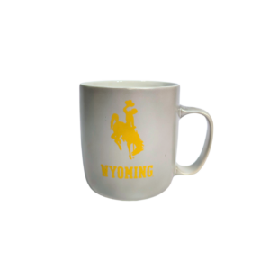 Silver bistro mug with gold bucking horse and wyoming on two sides