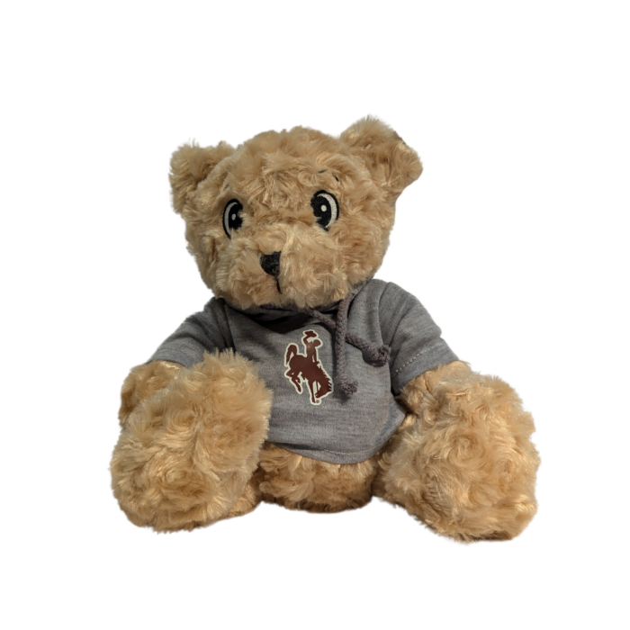 tan stuffed teddy bear wearing a grey hooded sweatshirt with drawstrings and brown bucking horse on front