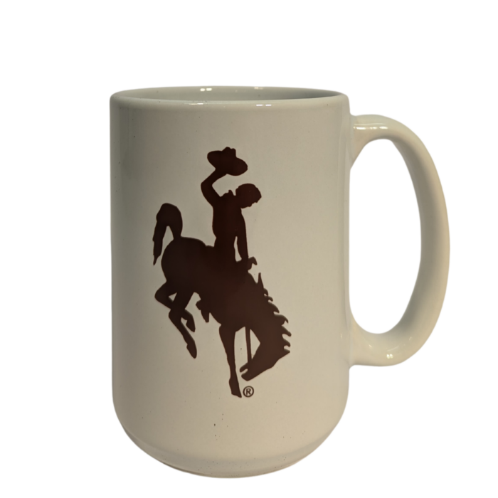 white mug with large brown bucking horse on two sides