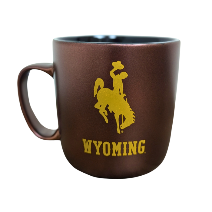 brown iridescent mug with gold bucking horse and gold wyoming on two sides