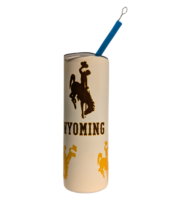 20-ounce skinny tumbler with scattered multicolored bucking horses and wyoming in brown wrapped horizontally