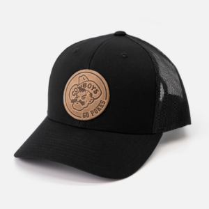 black adjustable hat with two black front panels and bill. black mesh backing. circle patch on front paneling. Patch is pistol pete with go pokes to the right