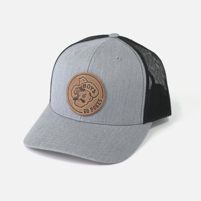 grey adjustable hat with two grey front panels and bill. black mesh backing. circle patch on front paneling. Patch is pistol pete with go pokes to the right