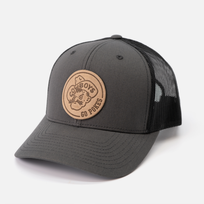 grey adjustable hat with two grey front panels and bill. black mesh backing. circle patch on front paneling. Patch is pistol pete with go pokes to the right