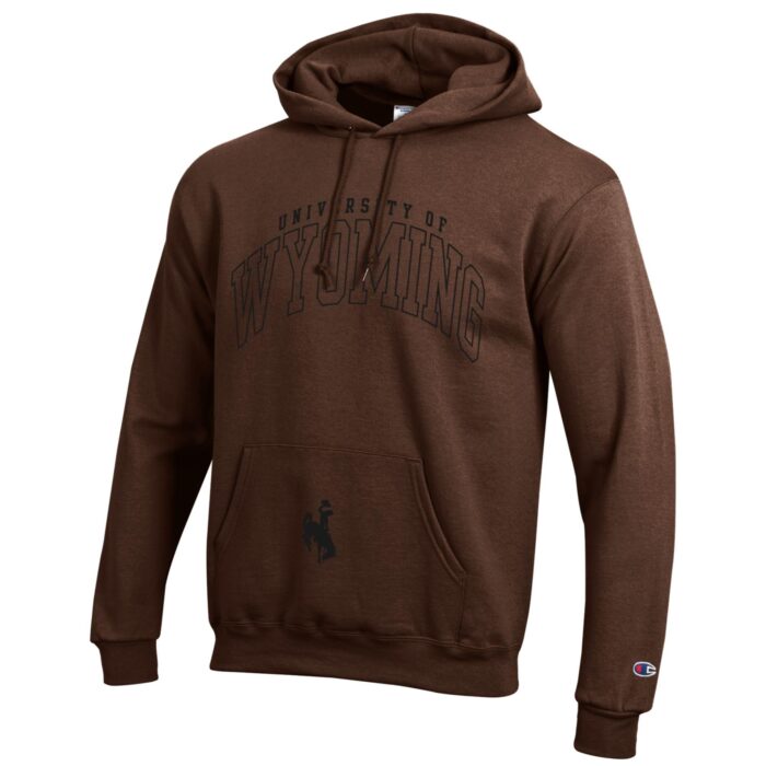 Brown hooded sweatshirt with design on front. University of filled in black with large black outline wyoming under. Black bucking horse on pocket