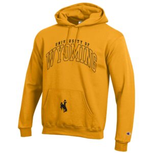 gold hooded sweatshirt with design on front. University of filled in black with large black outline wyoming under. Black bucking horse on pocket