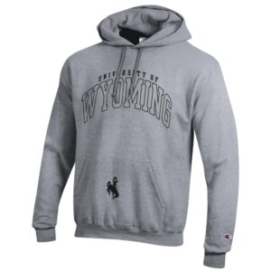 grey hooded sweatshirt with design on front. University of filled in black with large black outline wyoming under. Black bucking horse on pocket