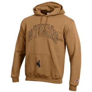 Brown hooded sweatshirt with design on front. University of filled in black with large black outline wyoming under. Black bucking horse on pocket