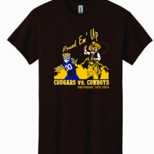 brown short sleeve tee with stripe out 2024 design center chest. At top of design, round em up in gold with pistol pete and cosmo the cougar under and cougars vs. cowboys at bottom