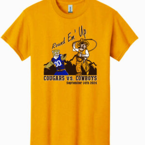 brown short sleeve tee with stripe out 2024 design center chest. At top of design, round em up in gold with pistol pete and cosmo the cougar under and cougars vs. cowboys at bottom