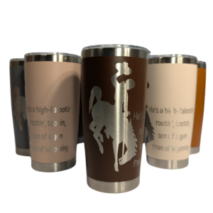 20 ounce engraved tumblers. multiple colors with large bucking horse, ragtime lyrics on side