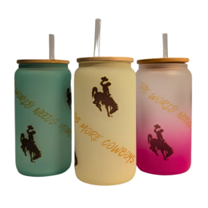 Three frosted glass tumblers. left on is teal, center is gold, and right is pink. all have lids and say the world needs more cowboys across