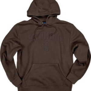 brown hooded sweatshirt with embossed design on front. Design is tonal brown with arced wyoming and bucking horse.