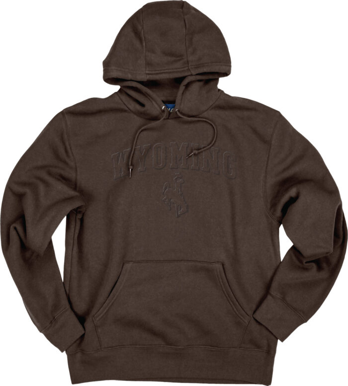 brown hooded sweatshirt with embossed design on front. Design is tonal brown with arced wyoming and bucking horse.