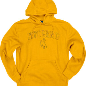 gold hooded sweatshirt with embossed design on front. Design is tonal gold with arced wyoming and bucking horse.