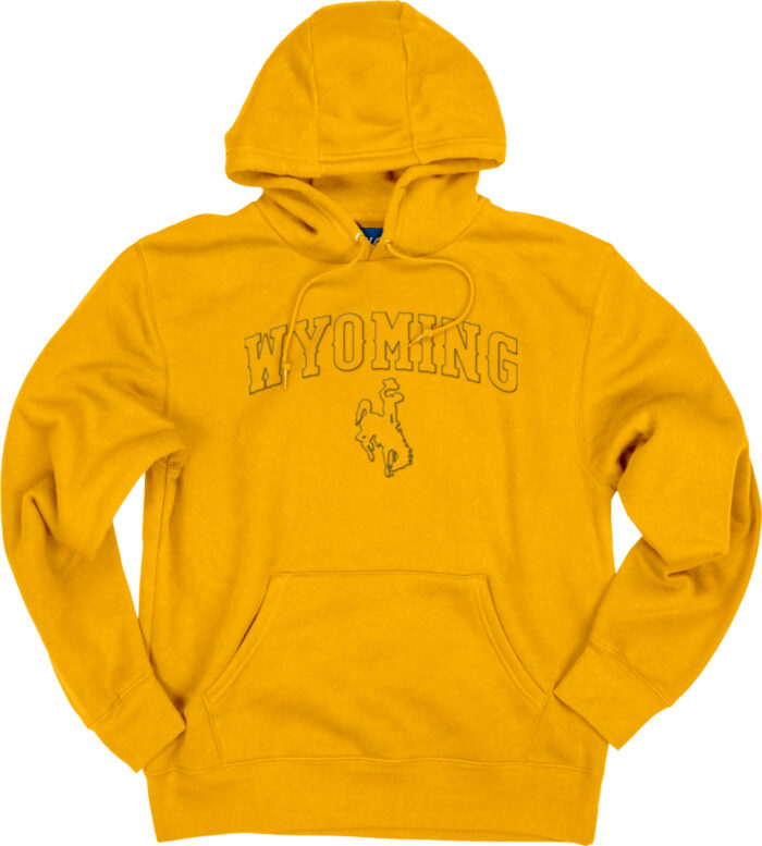 gold hooded sweatshirt with embossed design on front. Design is tonal gold with arced wyoming and bucking horse.