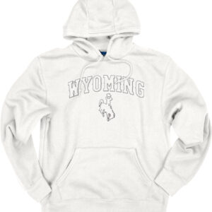 white hooded sweatshirt with embossed design on front. Design is tonal white with arced wyoming and bucking horse.