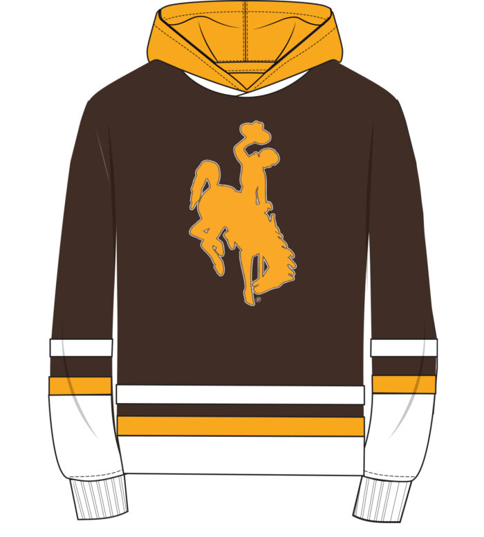 brown, gold and white hockey jersey style hooded sweatshirt. Brown body with white bottom and white sleeve cuffs. hood is gold. gold bucking horse center chest
