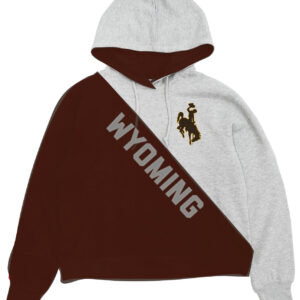 brown and grey hooded sweatshirt. diagonal color change, right side brown left side grey. Wyoming down diagonal split in grey
