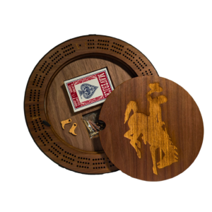 walnut cribbage set with large bucking horse on front