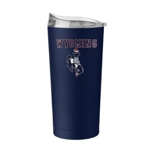 navy 20-ounce tumbler with red outline Wyoming near rim with bucking horse under, filled with state flag.